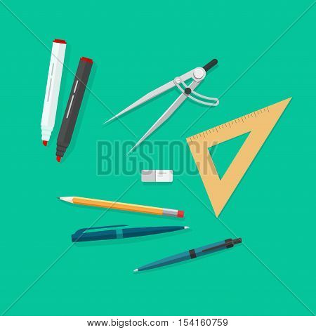 Education items, school study icons set, objects isolated, pen, pencils, eraser, triangle rulers, marker, biro pen, compass divider, flat style top view vector illustration