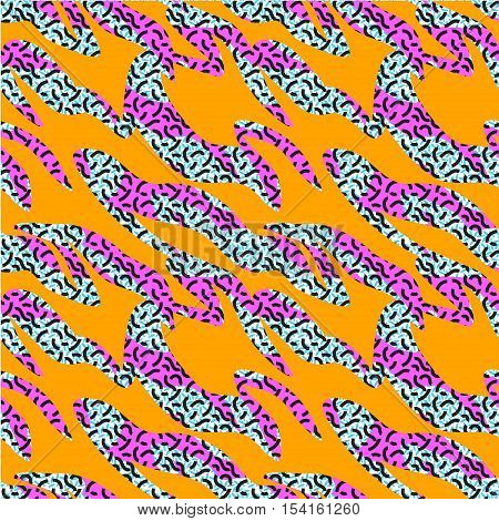 seamless colorful geo pattern. memphis trend. Basic shapes overlapping, neon colors, small original textures, animal skin design, zebra, tiger
