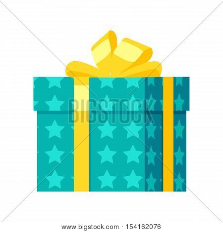 Gift box vector icon in flat style. Packaged with blue paper and yellow ribbon present illustration. For application button, infogpaphics elements, logo, web design. Isolated on white background