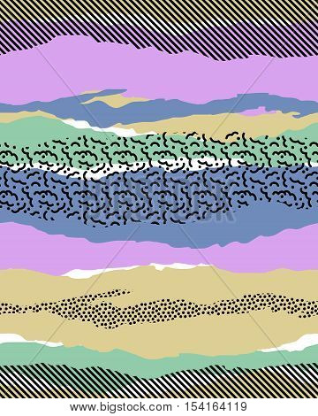 seamless colorful geo pattern. memphis trend. abstract uneven stripes of block colors and textures overlapping. For interior, upholstery, active wear