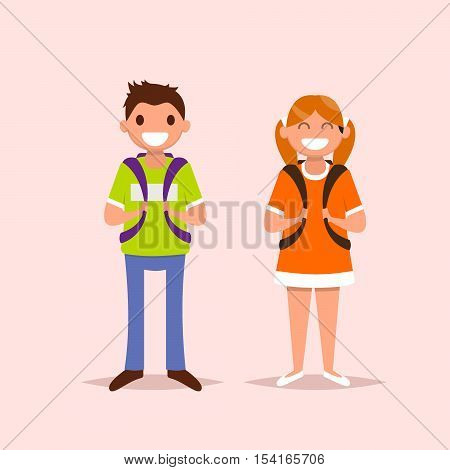 Schoolgirl and scoolboy on isolated background .Vector illustration. Flat style