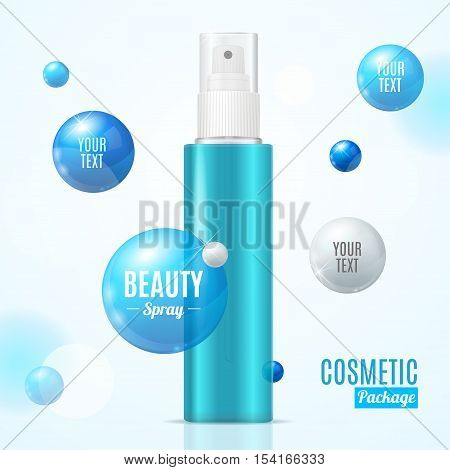Beauty Spray Can Package Essence Bottle Blue Plastic with Place for Text. Vector illustration