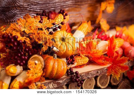 Autumn Still Life With Marple Leaves, Vinous Berries And October Vegetables At The Dark Wooden Backg