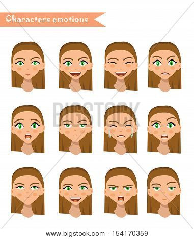 girl emotion face expression icons and beauty girl emotion face vector. Isolated set of Human emotion face avatar expressions face emotions vector illustration. woman emotion face set.