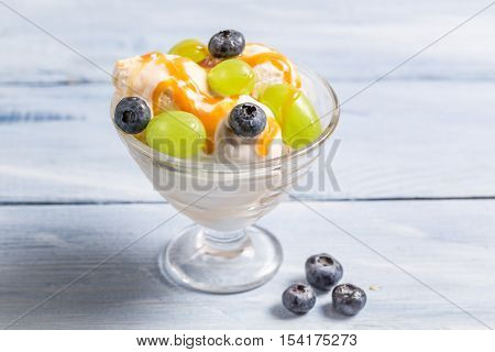 Closeup Of Fruit Ice Cream With Fruits