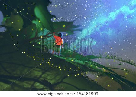 little boy standing on giant leaves looking at a night sky, illustration painting
