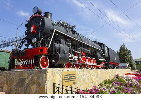 Kurgan, Russia - August 19, 2016: Old Soviet steam train 
