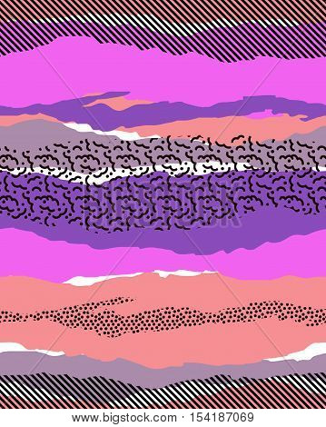 seamless colorful geo pattern. memphis trend. abstract uneven stripes of block colors and textures overlapping. For interior, upholstery, active wear