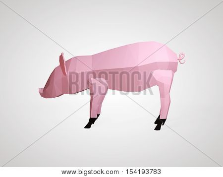 Origami pig. Polygonal pig side view. Geometric style pink pig with black hooves. 3D illustration