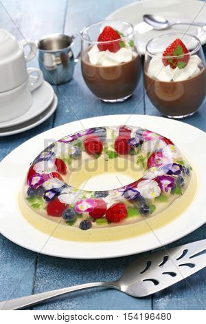 christmas wreath bavarois and chocolate mousse, homemade jelly dessert
