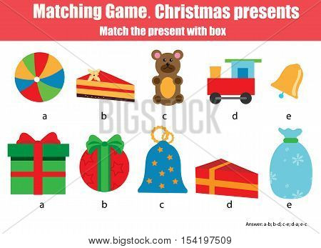 Matching pairs game for kids. Find the right box for each Christmas gift children educational game. Match by shape activity. Christmas theme