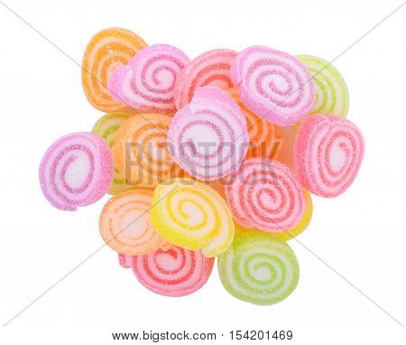 top view of Jelly sweet flavor fruit candy dessert colorful on sugar isolated on white