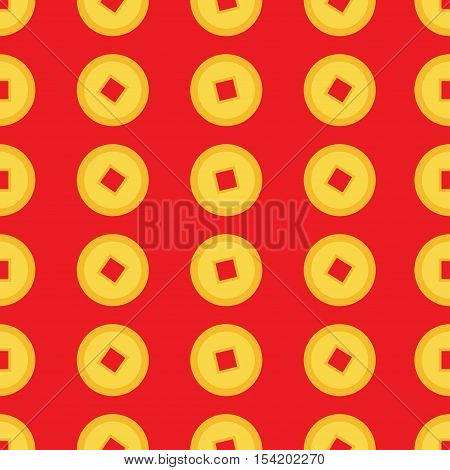 Chinese coin set. Seamless Pattern China gold money square centre. Golden coin with hole. Happy New Year symbol atribute. Red background. Flat design. Vector illustration.