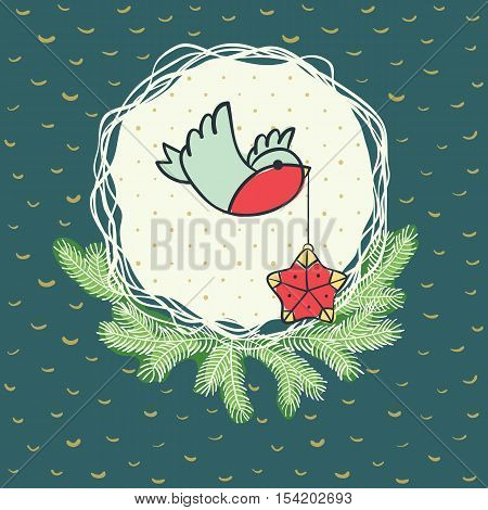 Christmas and New Year round frame with little bird holding tree decoration in beak symbol. Doodle illustration greeting card.