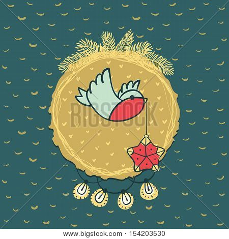 Christmas and New Year round frame with little bird holding tree decoration in beak symbol. Doodle illustration greeting card.