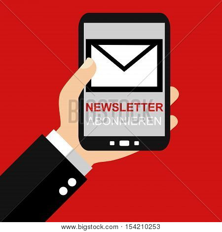 Hand holding Smartphone: Newsletter subsription german - Flat Design