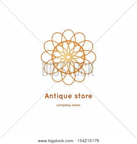 Luxury logotype for antique store. Ornamental vector symbols. Volumetric golden big bud. Isolated abstract colorful vector logo. Vector vintage mandala logo. Kaleidoscope flower.