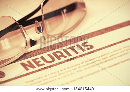 Diagnosis - Neuritis. Medicine Concept on Red Background with Blurred Text and Spectacles. Selective Focus. 3D Rendering.