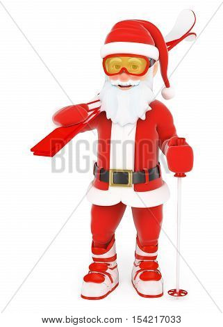 3d christmas people illustration. Santa Claus with ski equipment. Isolated white background.