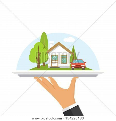House on tray in hand agent. Offer real estate concept. Advertisement property. Sale of residential real estate. Vector illustration flat design. Isolated on white background. Selling renting home.