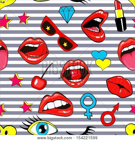 Fashion patch badges seamless pattern. Lips kissing open mouth hearts tongue stars. Vector illustration of sweet girl patches isolated on stripes. Set of textile stickers pins. 80 90 comic style