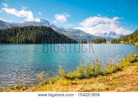 Great view of the azure pond Champfer in alpine valley. Popular tourist attraction. Picturesque and gorgeous scene. Location Swiss alps, Silvaplana village, district of Maloja, Europe. Beauty world.