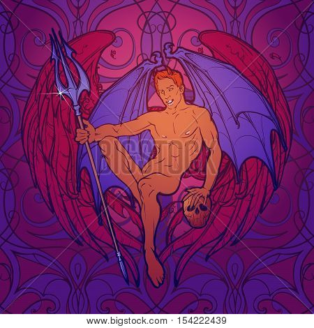 Young sexy demon with bat wings sitting and holding trident and human skull. Pinup and art Nouveau eclectic style. Intricate hand drawing, rich detailed beckground. Gay hint. EPS10 vector illustration
