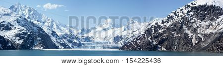 The panoramic view of scenic landscape in Glacier Bay national park (Alaska).