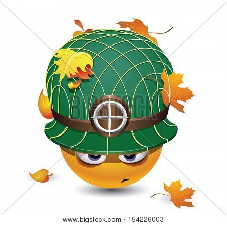 Illustration of a smiley dressed as soldier. Smiley with army helmet covered with leafs.