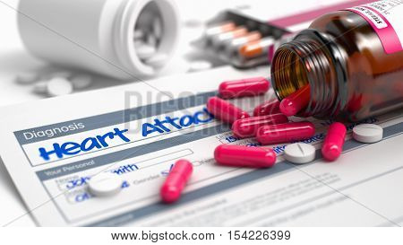 Handwritten Diagnosis Heart Attack in the Medical History. Medicaments Composition of Blister of Red Pills, Blister of Pills and Bottle of Tablets. 3D Illustration.