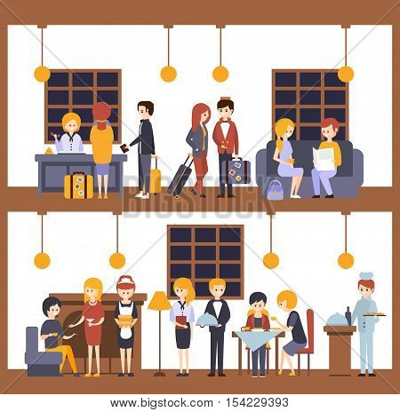 Two Illustrations, Scenes In The Hotel At Reception And Restaurant. Employees And Guests Of The Hotel Minimalistic Colorful Flat Vector Illustrations.