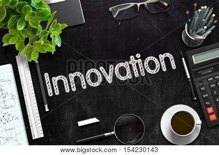 Innovation Handwritten on Black Chalkboard. Top View Composition with Black Chalkboard with Office Supplies Around. 3d Rendering. Toned Illustration.