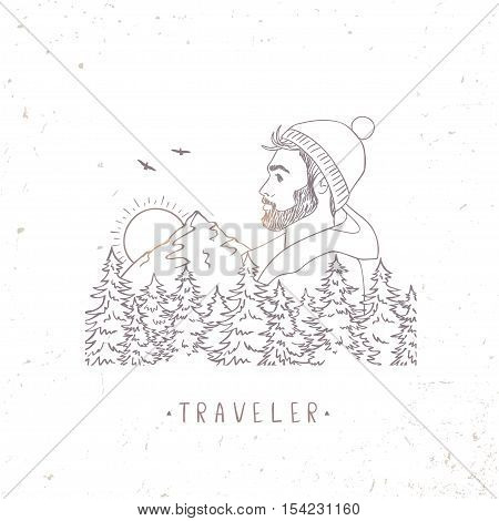 Sketch of young man in cap with mountains and forest. Hand drawn vector illustration