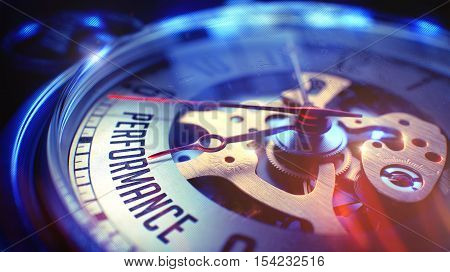 Vintage Pocket Watch Face with Performance Text on it. Business Concept with Lens Flare Effect. Performance. on Pocket Watch Face with CloseUp View of Watch Mechanism. Time Concept. Film Effect. 3D.