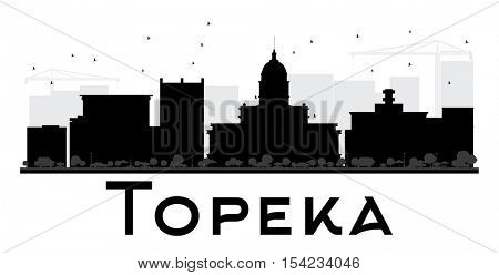 Topeka City skyline black and white silhouette. Simple flat concept for tourism presentation, banner, placard or web site. Business travel concept. Cityscape with landmarks