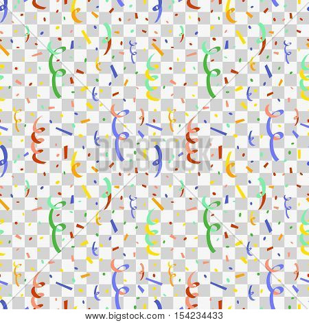 Exploding party popper with colorful serpentine and confetti flat seamless pattern on transparent background
