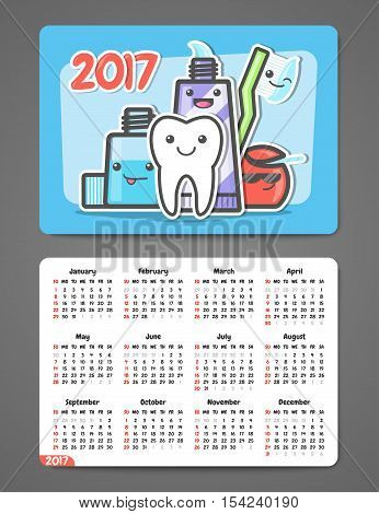 Dental pocket calendar 2017. Funny cartoon teeth and oral hygiene concept. Toothcare. Week starts Sunday. Horizontal orientation. Vector Illustration