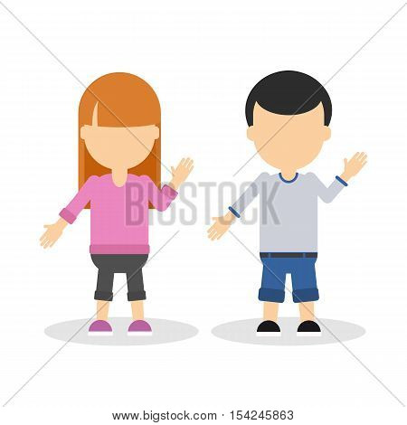 Isolated young children on white background. Girl and boy posing and waving. Children without face.