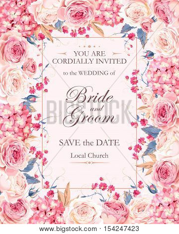 Vector vintage wedding invitation decorated with roses and hydrangea