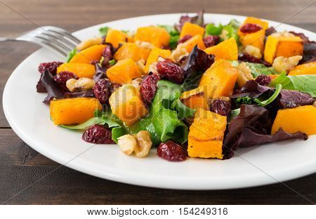 Autumn salad with roasted butternut squash cranberry and walnuts on white plate selective focus horizontal