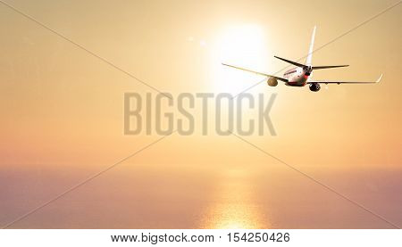 Airplane fly into the sunset island (with overlay) 3D Illustration