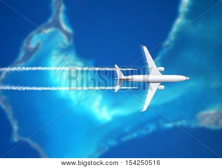 Top view of airplane passing island - 3D illustration (Elements of this image furnished by NASA)