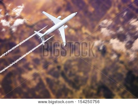 Top view of airplane passing city - 3d illustration (Elements of this image furnished by NASA)