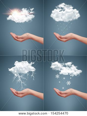 Realistic Weather Symbols with female hand and icons illustration