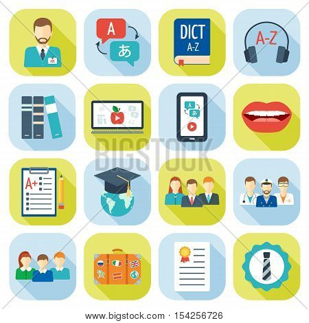 Icon set for foreign language courses and schools. Flat design. Vector illustration