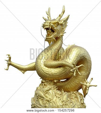 Golden Chinese dragon statue isolate on white background