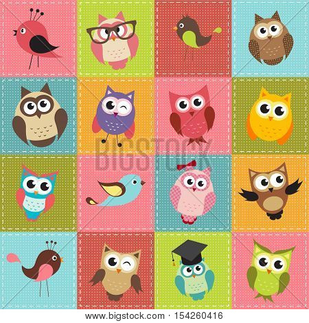 colorful patchwork background with cute owls and owlets