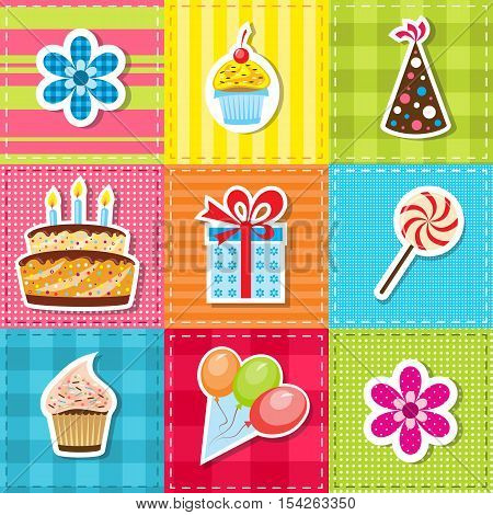 patchwork with birthday party elements: cake, flower, cap