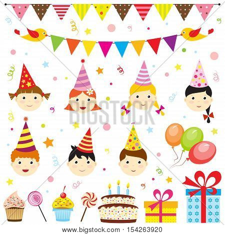 Set of vector birthday party elements with cute kids