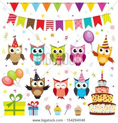 Set of vector birthday party elements with owls